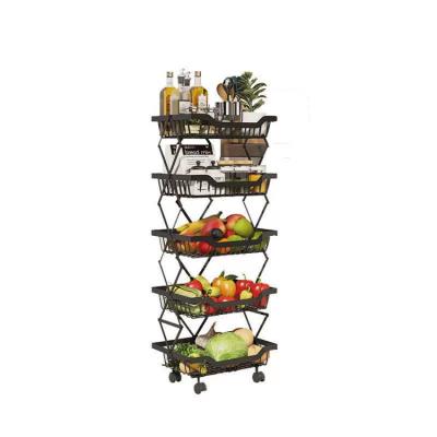 China Amazon Metal Fruit Storage Rack Basket Foldable Fruit Cart Vegetable Stackable Storage Basket Foldable Storage Rack Cart Organizer with Rolling Wheel for sale