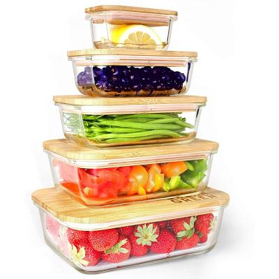 China Microwavable Glass Food Storage Containers With Lids Bamboo Glass Meal Prep Containers Set Pantry And Kitchen Glass Organizer for sale