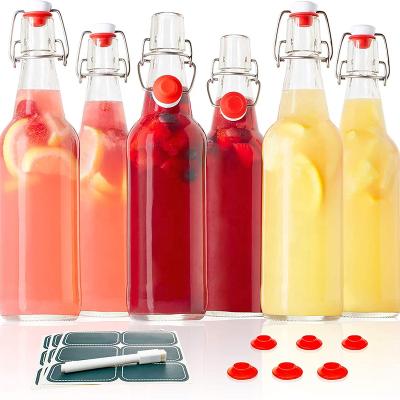 China Freshness Retention Classic Swing Top Glass Bottles - Set of 6, 16oz Clear Bottle with Caps for Juice, Water, Kombucha for sale