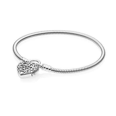 China Newest Durable Luxury Pan 925 Sterling Silver Sparkling Noble Heart Lock Padlock Snake Bone Chain Charm Bracelet Women Gifts W/Box Pouch for sale