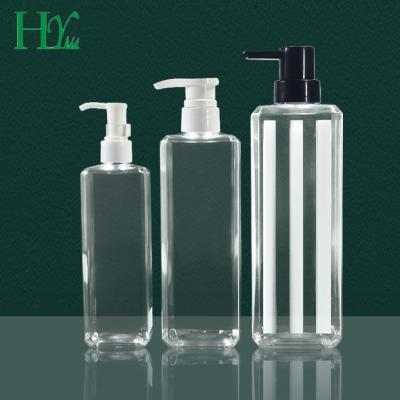 China Cosmetic striped 300 500 700 800ml PET shampoo bottle, shower gel bottle, transparent square bottle for sale