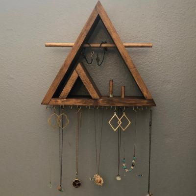 China Jewelry Disply Boho Decor Triangle Jewelry Shelf Wooden Hanging Wall Mounted Jewelry Organizer for sale