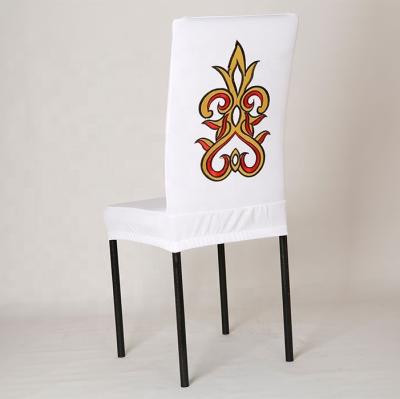 China Eco-friendly ZIRAN White Background With Cover Gold Short Stretch Chair Removable Washable Spandex Pattern Printing Banquet Chair Cover for sale