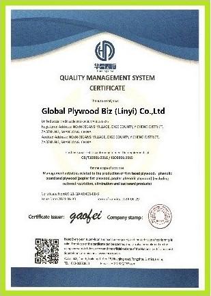 ISO 9001-2015 CERTIFICATE - Global Plywood Biz (Linyi) Co.,Ltd.