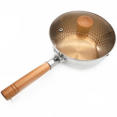 China Stocked 304 Stainless Steel Soup Pot Snow Pan Handle Wooden Milk Pot Cooking Pot for sale