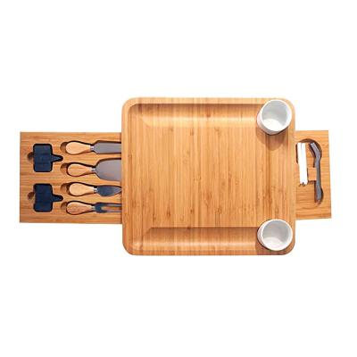 China Sustainable HOT Bamboo Meat Charcuterie Tray Cheese Board Serving Tray With Two Hidden Slide 4 Drawers Cutlery Set for sale