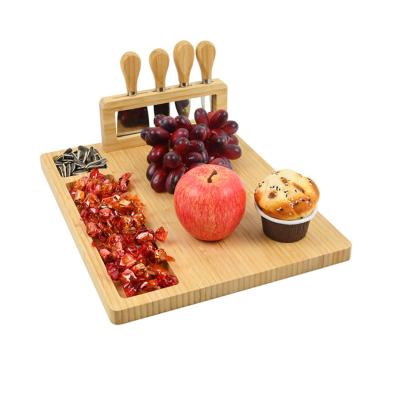 China Rustic Square Sustainable Natural Bamboo Round Logo Custom Cutting Board Cheese Board With Knives Set for sale