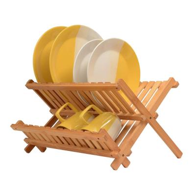 China 2022 Sustainable Kitchen Dish Organizer 2 Tier Wooden Folding Bamboo Dish Drainer Dish Drying Rack For Cabinets for sale