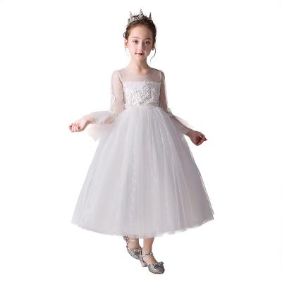 China Anti-wrinkle Summer Children's Full Dress Performance Skirt White Long Sleeve Gauze Skirt For Girls for sale