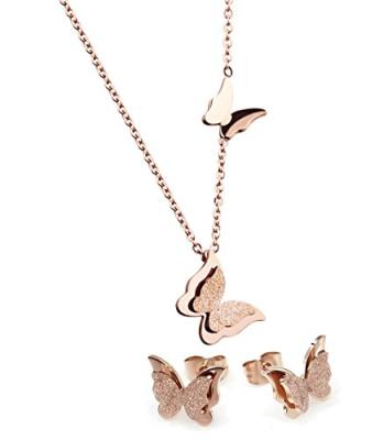 China Stainless Steel Frosted Stainless Steel Jewelry Sets Rose Gold Butterfly Stud Earrings Pendant Necklace For Women Girl for sale