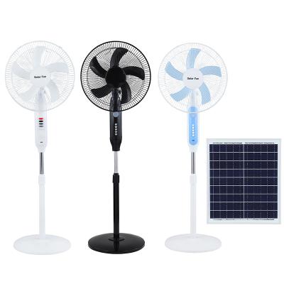 China Rechargeable Solar Hotel Fan 16 Inch DC Stand Fan With Led Light And USB Charger for sale