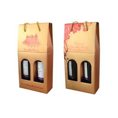 China Biodegradable Custom Printed Kraft Paper Wine Boxes 2 Bottle Paper Bottle Carriers Box for sale