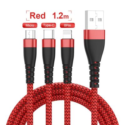 China MP3/MP4 Player 3 in 1 Cable Charger Type C Micro USB 8 PIN Interface Mobile Phone Charging C Cable 3A Nylon Braided Material Fast Charging Cable for sale