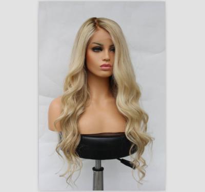 China Wavy Natural Blonde Hair Wig Dark Roots Brown Blonde Mix Lace Front Wigs for sale