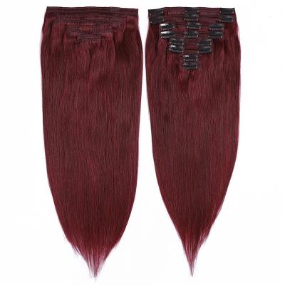 China Silky Straight Wave Customized Logo 99j Burgundy Cut Ins 100% Natural Hair Extensions Hair Clip Ins for sale