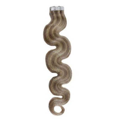 China Silky Straight Wave Remy Tape In Hair Extension Hair Accented Color #18 Ash Blonde With Blonde Body Wave Hair #613 for sale