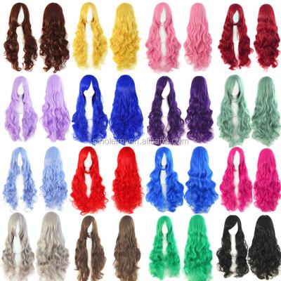 China Anime Long Wavy Italian Cosplay Wigs Oblique Wave Bangs Roll Pink Brown Blue Black Gray Synthetic Hair Wigs 80cm for sale