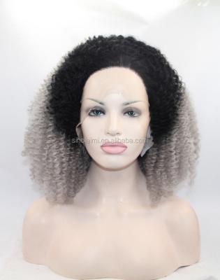 China Cheap Afro Curly Fiber Heat Resistant Lace Front Wigs Synthetic 1b/grey Afro Wave Price Free Shipping for sale