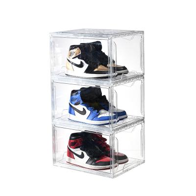 China Stackable Shoes Box Magnetic Front Open Stackable Transparent Shoe Storage Box Wholesale aj Full With Logo Custom for sale