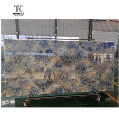 China Modern Hot Sale Customized Large Transparent Blue Artificial Quartz Polished Slab With ISO For Kitchen for sale