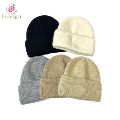 China COMMON Custom solid color soft cony hair hat knitted thick cuffed beanie for men women unisex for sale