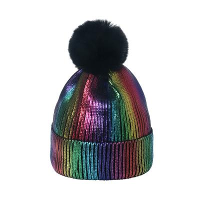 China COMMON Bronzing Gold and Silver Faux Fur Pom Pom Beanies hats Metallic Knitted Caps Unisex Shiny Soft Party Cuff Foil Print Hat for sale