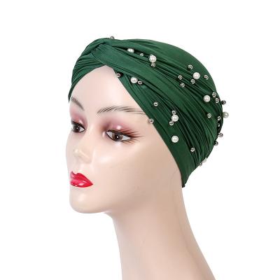 China Ready Goods Wholesale Bright Color Hat Scarves Ladies Pearl Boat Ladies Turban Nail Head Scarf for sale