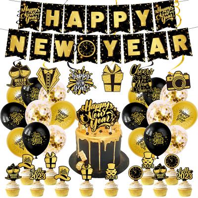 China Beauty Decorations Happy New Year Balloons Set with Black 2023 Latex Balloon Set Gold Decor Balloons Banner Set Party Decoration for sale