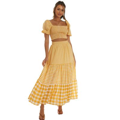 China Sustainable Plaid Women 2 PCS Yellow Dress For Women Crop Tops With Skirt Dresses Dressing Set for sale