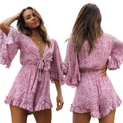 China Pink Bohemian Women Casual Vestidos Beach Boho Dress Setwear Floral Print Vacation QUICK DRY Dressset for sale