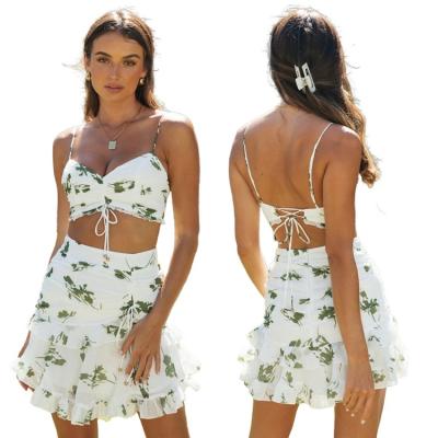 China 2022 new style women's blouse and Lotus Leaf Skirt Fashion Suit printed anti-pilling drawstring suspender for sale