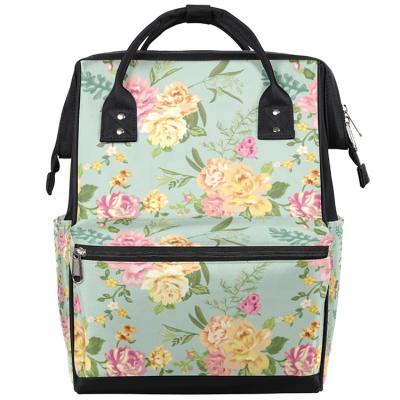 China Custom Water Resistant Fashion Bag Flower Diaper Bag Maternity Backpack With Stroller Ties Multifunctional Waterproof for sale