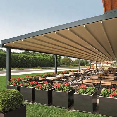 China Easily Assembled Automatic Pergola Open-Air Electric Aluminum Manufacturer PVC Fabric Retractable Roof Alu Pergola for sale