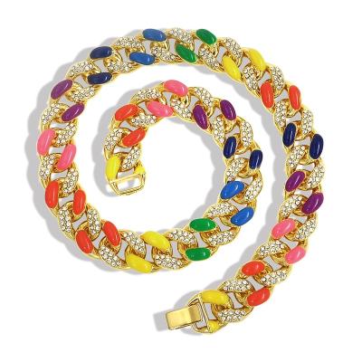 China Hot Selling Hiphop Duyizhao High Quality Rainbow Cuban Link Necklaces Hips Chain Hops 16mm Iced Out Colorful Cuban Link Chain Necklace for sale