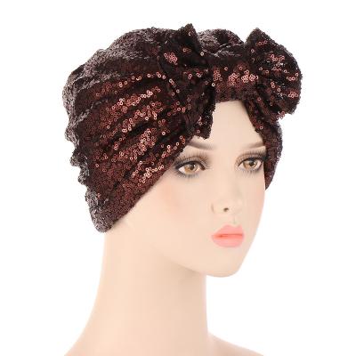 China Wholesale Image Sequin Folded Muslim New Muslim Indian Headband Hat Head Covers Hijab Ladies Bow Turban for sale