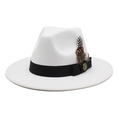 China Wholesale Character Felt Hat Men's And Women's Wide Felt Hat Rock Brim Panama Jazz Hats With Feather Ribbon Bands Decorate for sale