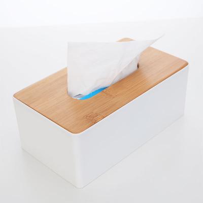 China Minimalist rectangle white plastic tissue box with banboo lid for sale