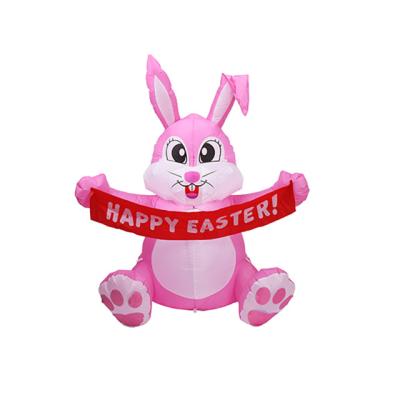 China Festival Stuff 150cm Easter Inflatables Pink Bunny Hold Banner With Build In LED Element To Blow Up Inflatables For Outdoor Easter Decoration for sale