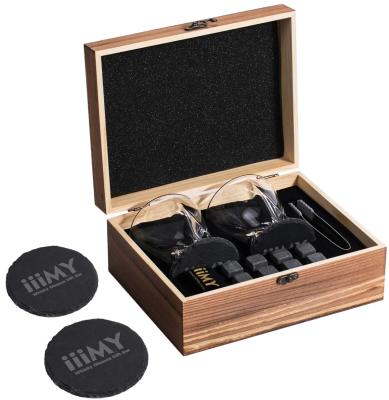 China Whiskey Stones and Whiskey Stored Glass Gift Boxed Granite Hardened Whiskey Rocks Crystal Glasses Wooden Box Bar Accessories for sale