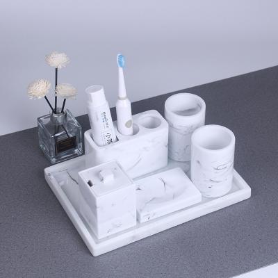 China 6 Pieces Sustainable Bathroom Accessories Organization Set With Towel Tray Toothbrush Holder Storage Box Lotion Bottle for sale