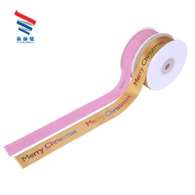 China Personality Wholesale OEM Polyester Gold Foil Silk Satin Ribbon With Custom Logo for sale