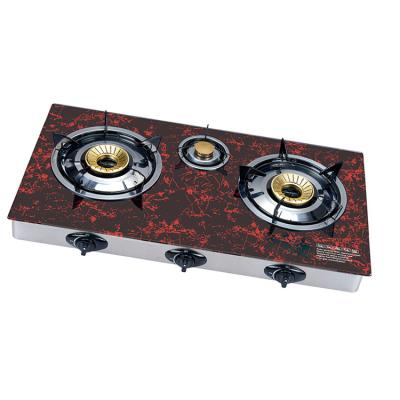 China New 3 Burner Household Gas Hob Desktop Red Tempered Glass Best Cooktop Flame Gas Stove for sale