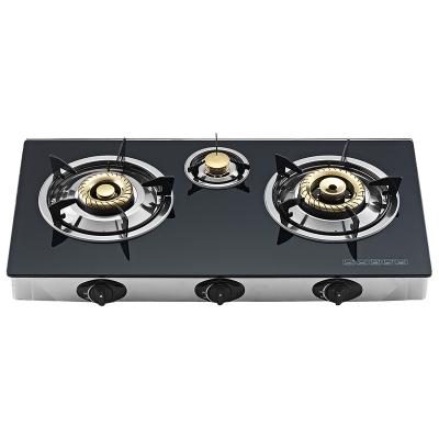 China Household Black Lpg NG Tempered Glass Top Cooktop 3 Burner Stove Desktop Gas Cooker For Indoor Kitchens for sale