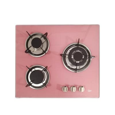 China Newest Designs Color Tempered Glass Portable Built In Pink 3 Burner Gas Tempered Glass Burner Gas Stove Hob Stove for sale