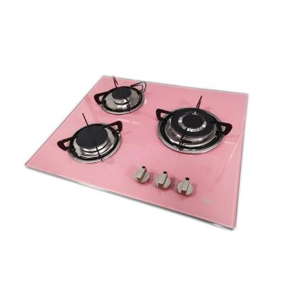 China Newest color tempered glass designs OEM color gas kitchen hob new tempered glass stove 3 burner pink surface for sale