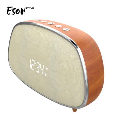 China Retro Style Eson Dual LED Digital Alarm Clock FM Radio With Wooden Stereo Bluetooth Sound Wireless Speaker for sale