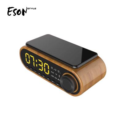 China Wireless Charger For Mobile Phone Eson Style 10W Stereo Charging Stereo Music LED Digital Display Clock Wireless Fast Temperature Tempting Alarm Bluetooth Speakers for sale