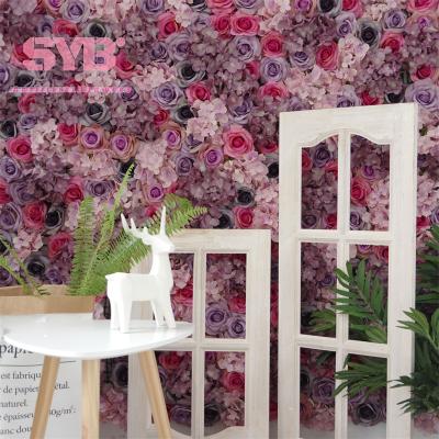 China Wedding Mat Flowerwall Plastic Grid Base Rose Hydrangea Wholesale Wedding Artificial Flower Wall Panel Decorative Floral Backdrop YJFW1 for sale