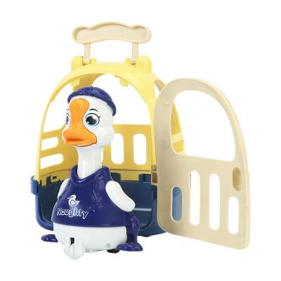 China Hot Selling Plastic Squeezing Duck Car Baby Educational Toys Cute Kids Squeeze Ducklings and Inertia Goose Pull Back Car with Cage for sale