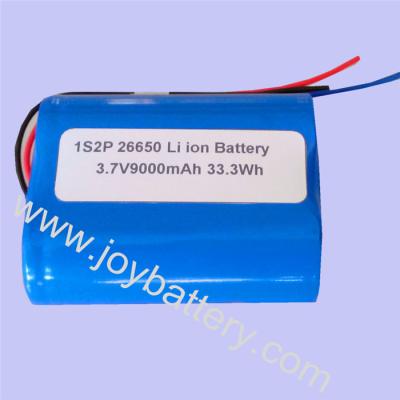 China 3.7V 9000mAh 26650 1S2P Lithium battery pack for sale